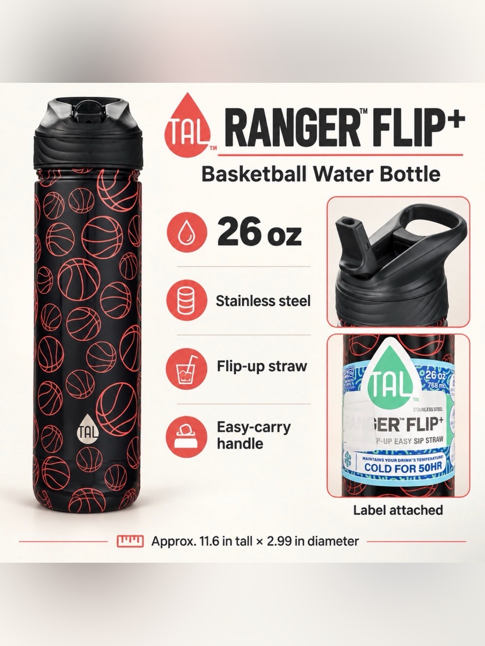 TAL Ranger Flip+ Basketball Water Bottle 26 oz Black & Red